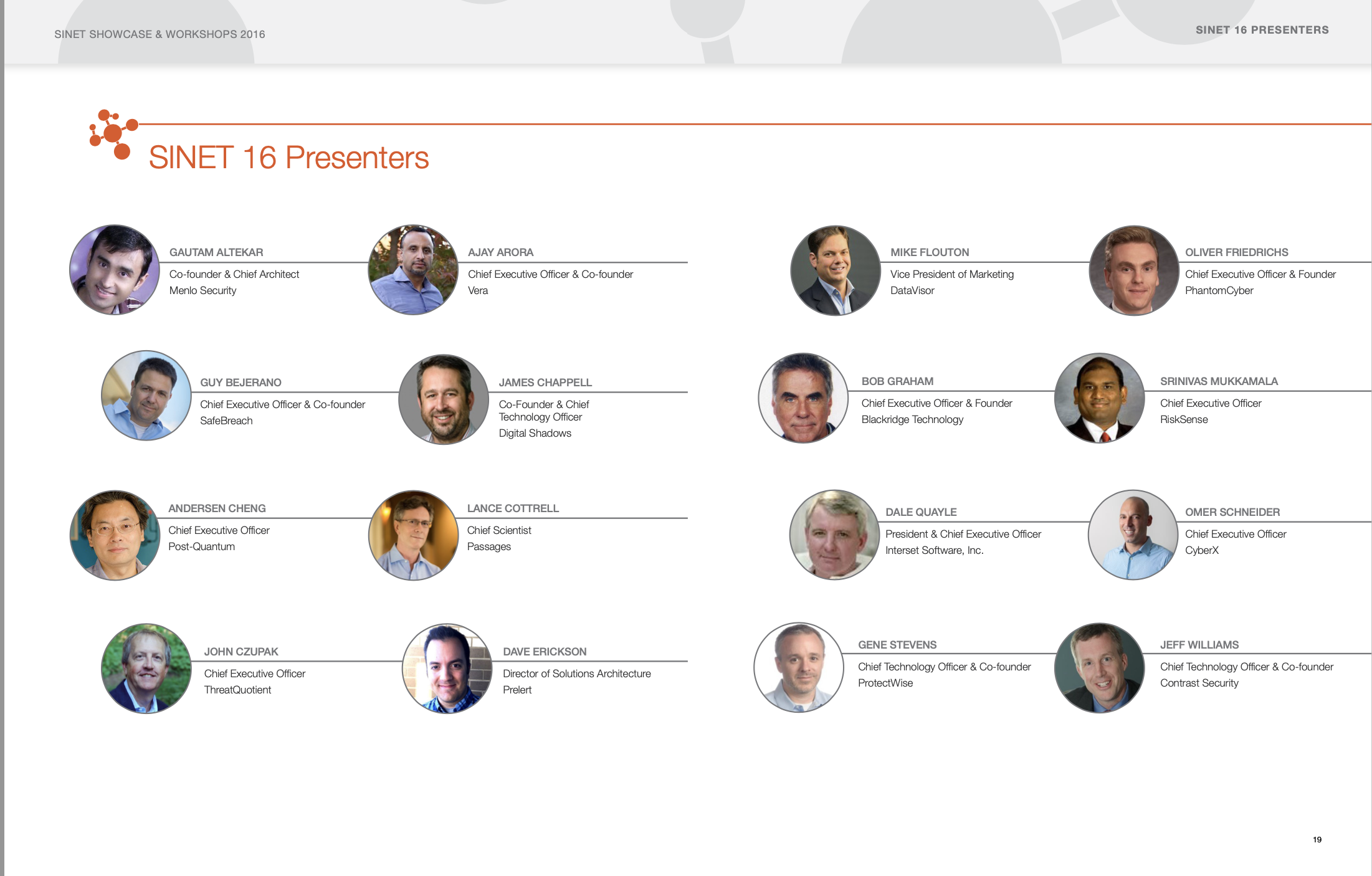 SINET 16 Presenters